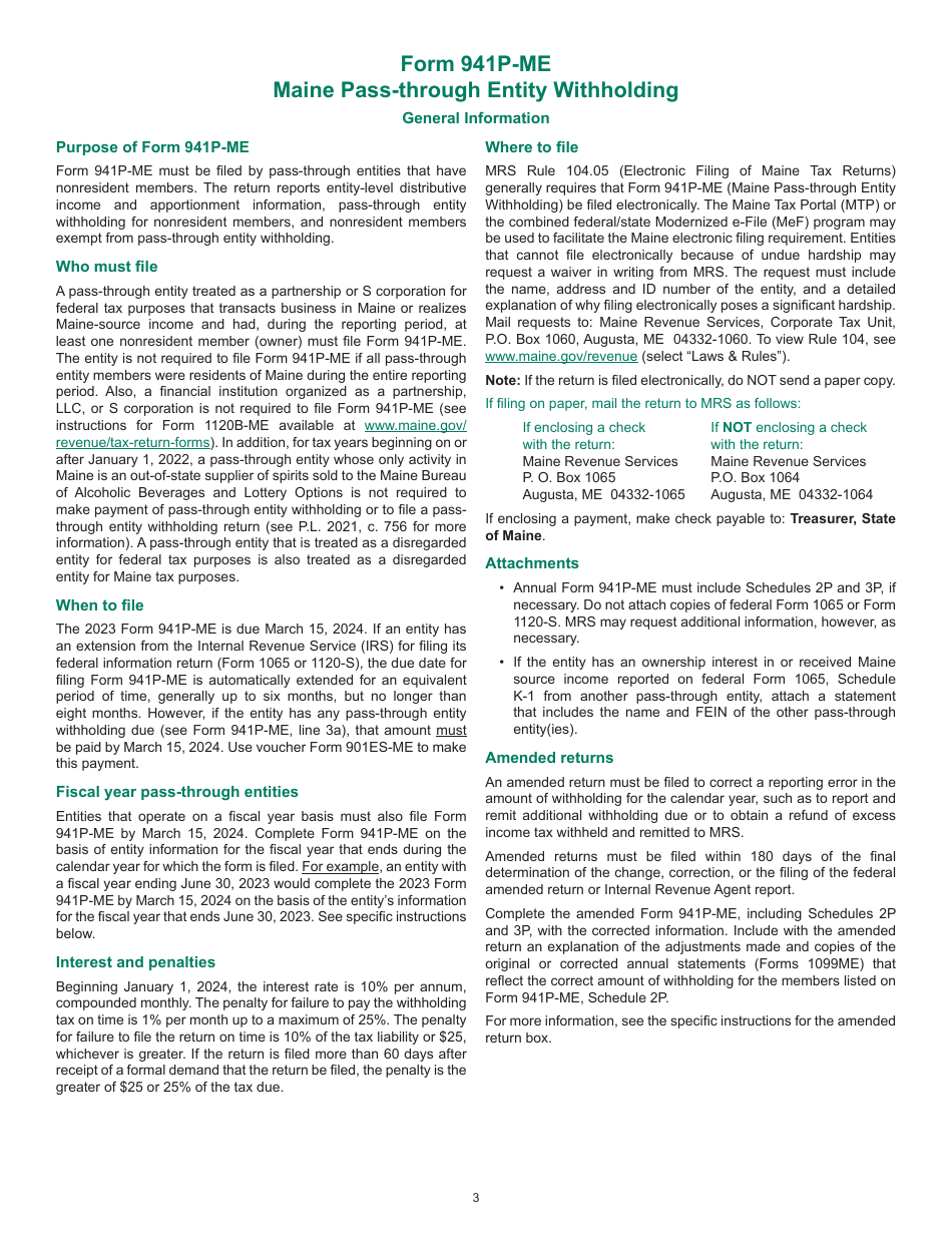 Download Instructions for Form 941P-ME Pass-Through Entity Return of ...