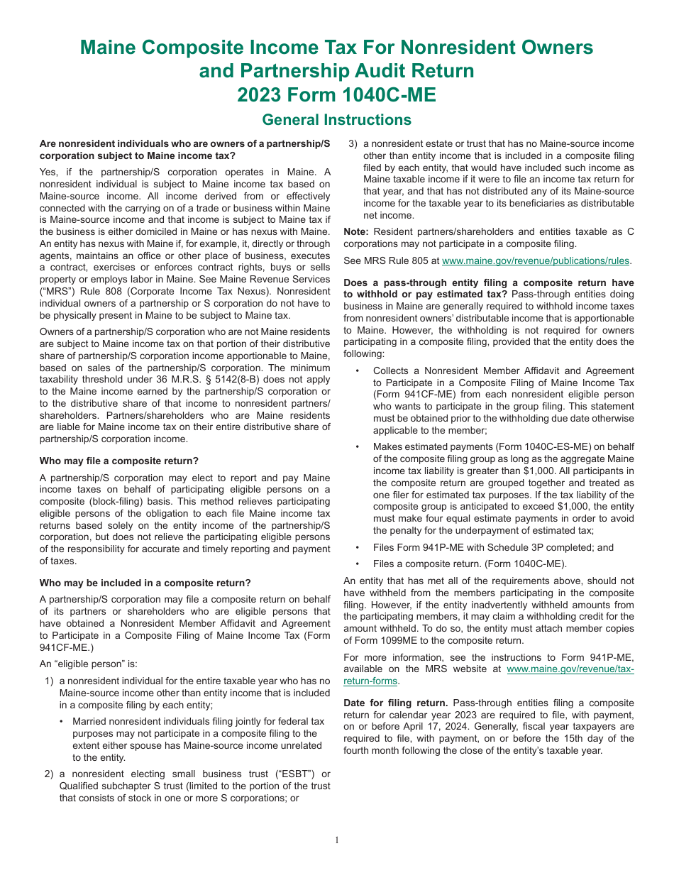 Instructions for Form 1040C-ME Composite Filing of Maine Income Tax for Nonresident Owners and Partnership Audit Return - Maine, Page 1