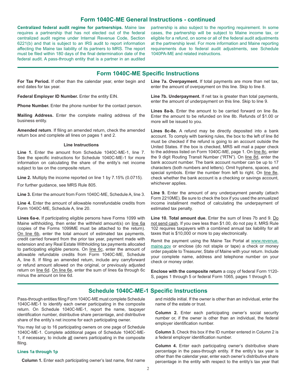 Instructions for Form 1040C-ME Composite Filing of Maine Income Tax for Nonresident Owners and Partnership Audit Return - Maine, Page 2