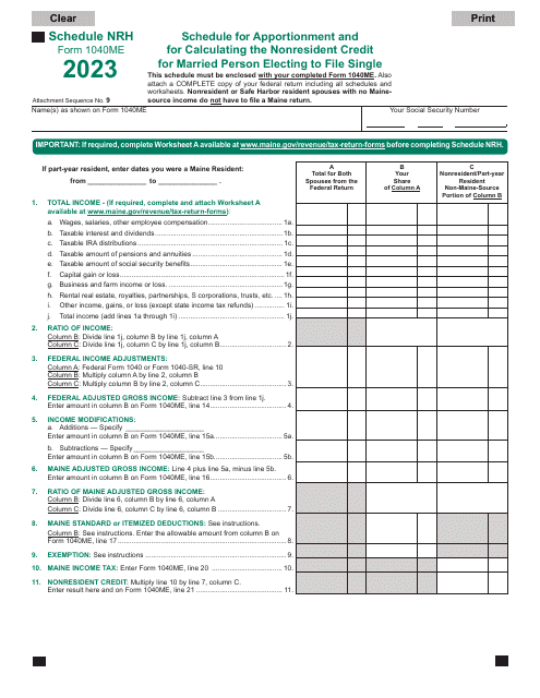 Form 1040ME Schedule NRH Schedule for Apportionment and for Calculating the Nonresident Credit for Married Person Electing to File Single - Maine, 2023