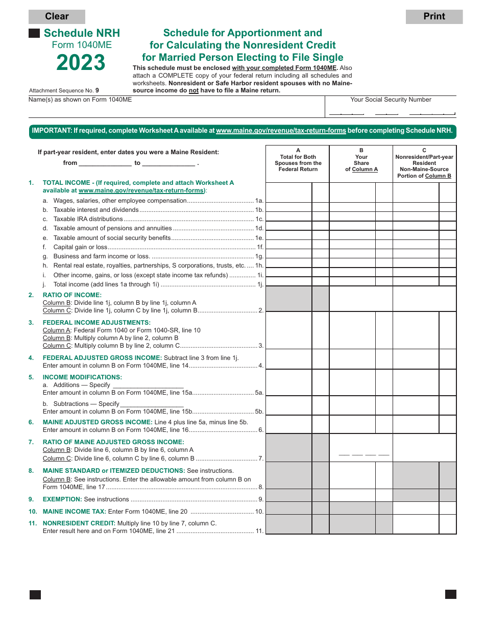 Form 1040ME Schedule NRH Schedule for Apportionment and for Calculating the Nonresident Credit for Married Person Electing to File Single - Maine, Page 1