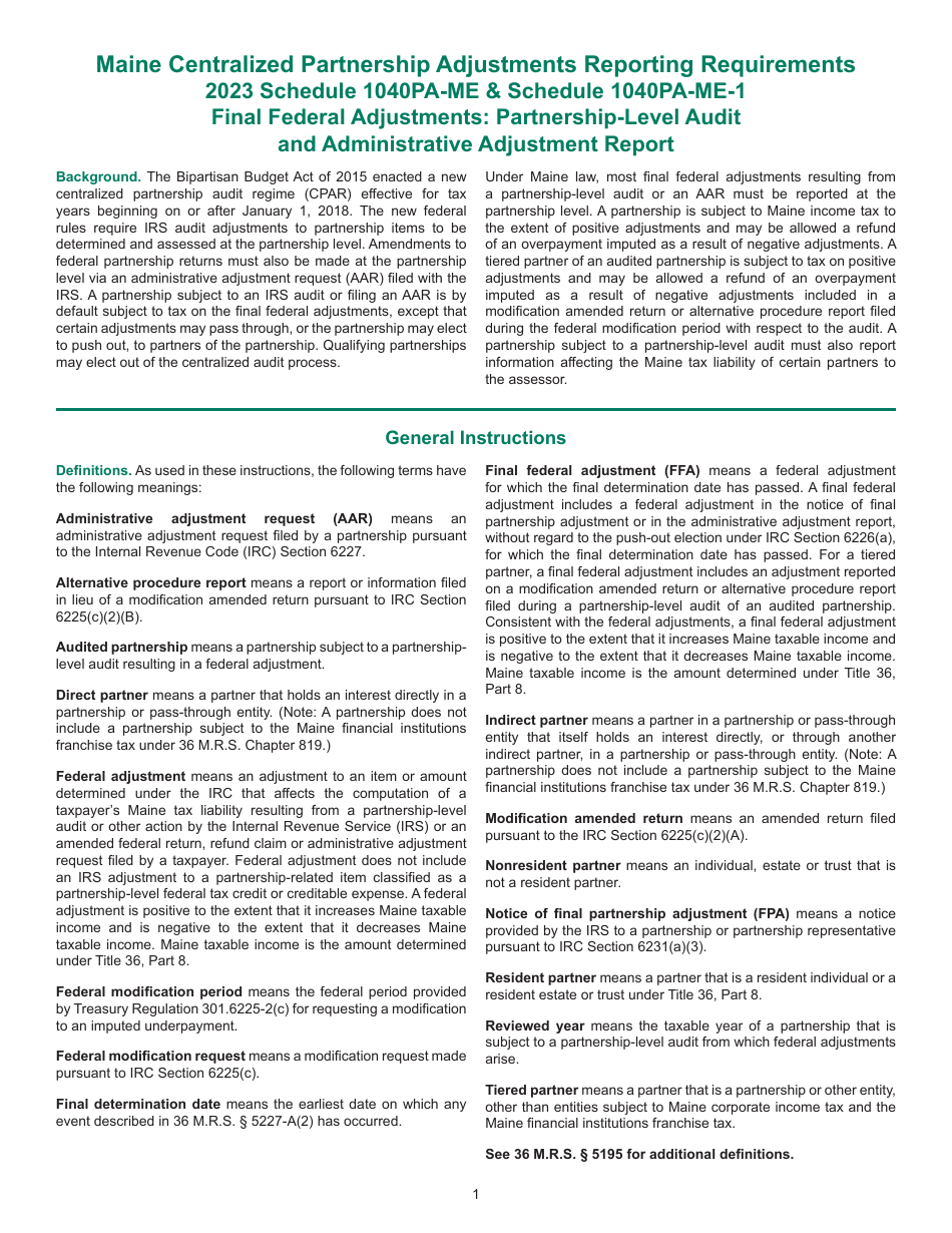 Instructions for Schedule 1040PA-ME, 1040PA-ME-1 - Maine, Page 1