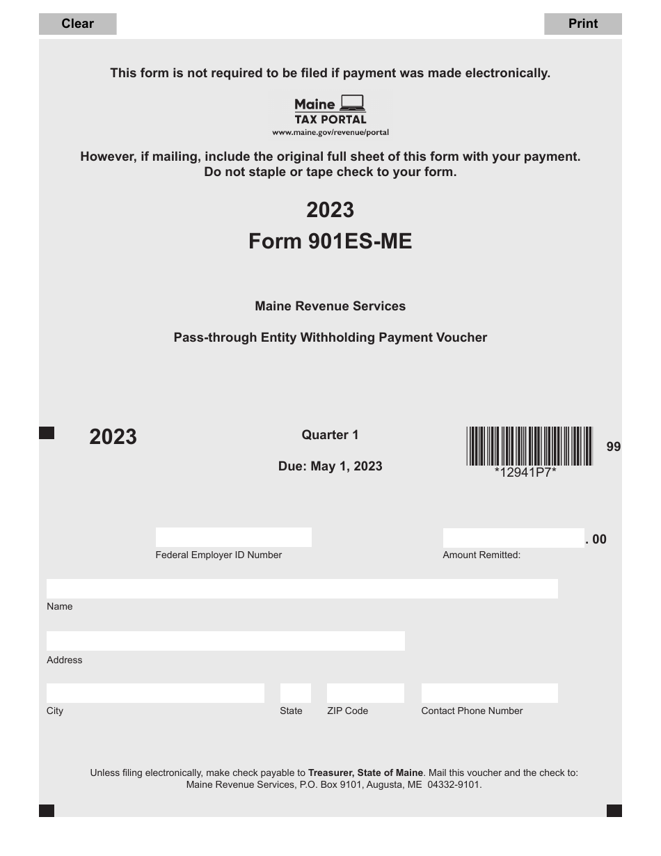 Form 901ES-ME Pass-Through Entity Withholding Payment Voucher - Maine, Page 1