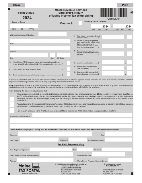 Form 941ME Employer's Return of Maine Income Tax Withholding - Maine, 2024