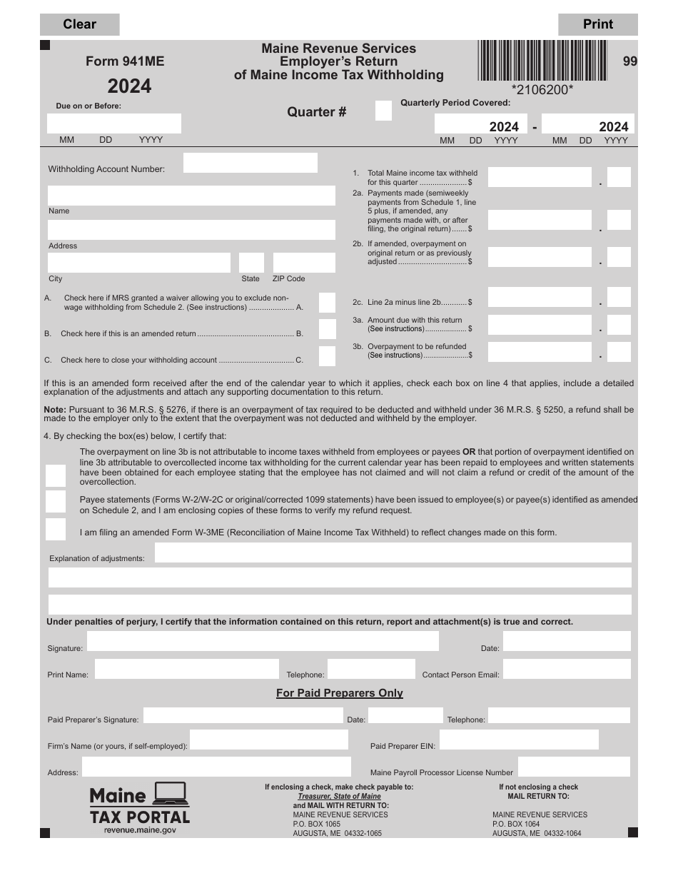Form 941ME Employers Return of Maine Income Tax Withholding - Maine, Page 1