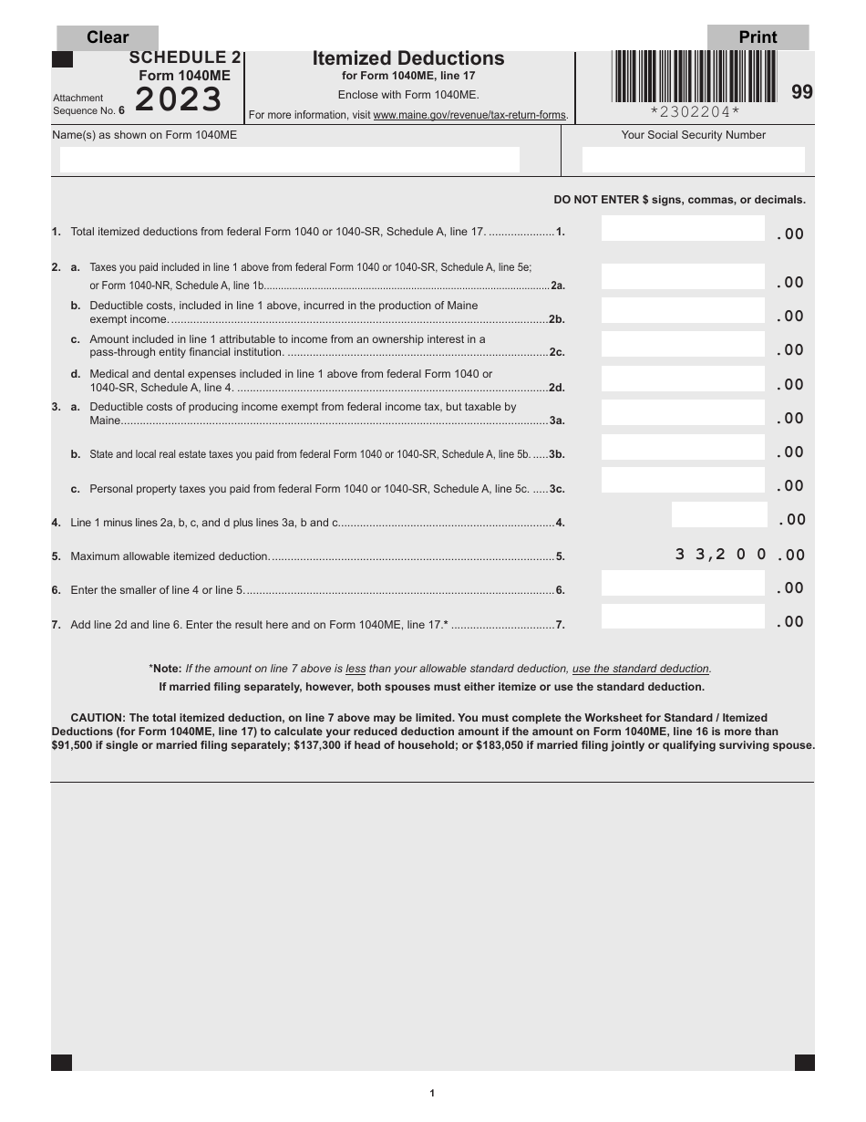 Form 1040ME Schedule 2 Itemized Deductions - Maine, Page 1
