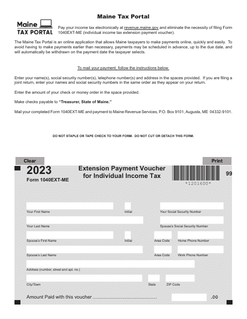 Form 1040EXT-ME Extension Payment Voucher for Individual Income Tax - Maine, 2023