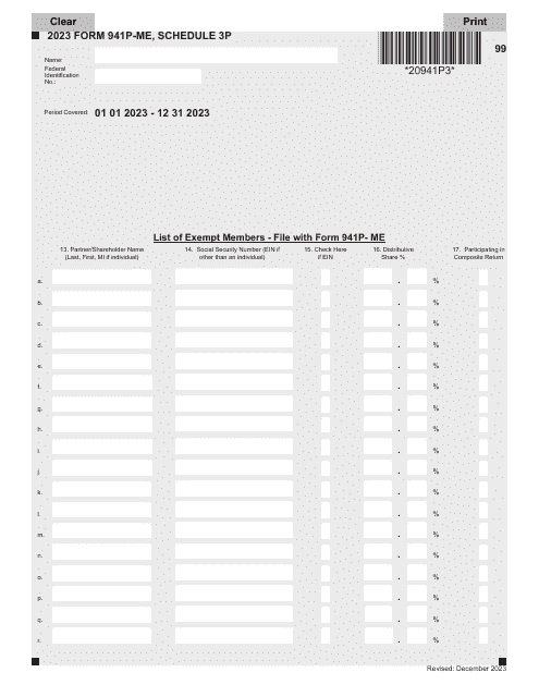 Form 941P-ME Schedule 3P 2023 Printable Pdf