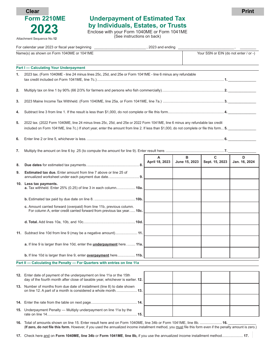 Form 2210ME Underpayment of Estimated Tax by Individuals, Estates, or Trusts - Maine, Page 1