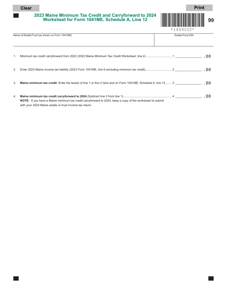 Form 1041ME Schedule A Maine Minimum Tax Credit and Carryforward Worksheet - Maine, Page 1