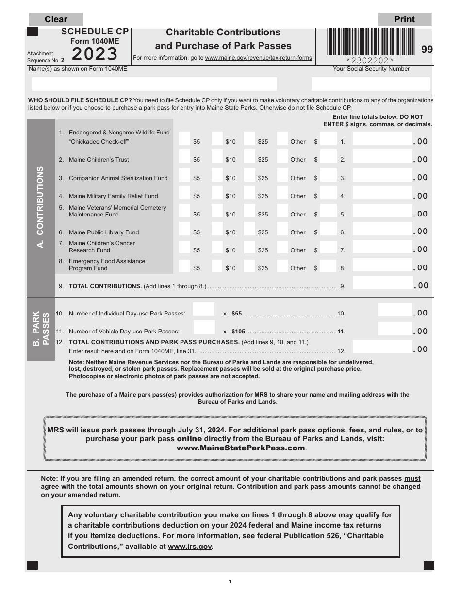 Form 1040ME Schedule CP Charitable Contributions and Purchase of Park Passes - Maine, Page 1