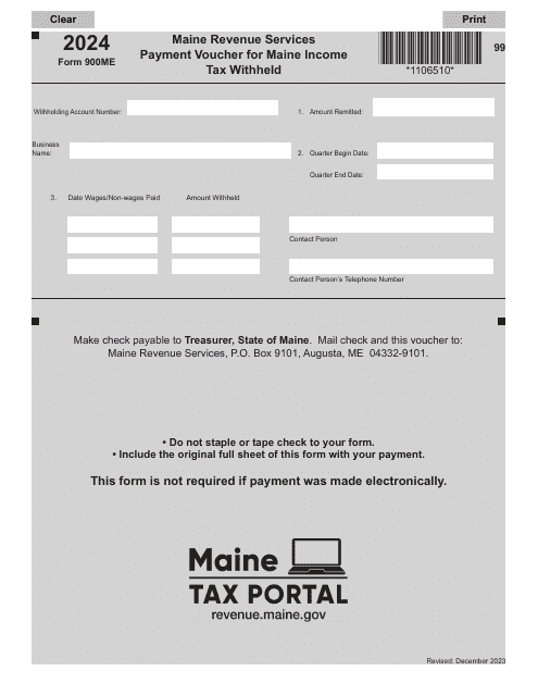 Form 900ME Payment Voucher for Maine Income Tax Withheld - Maine, 2024