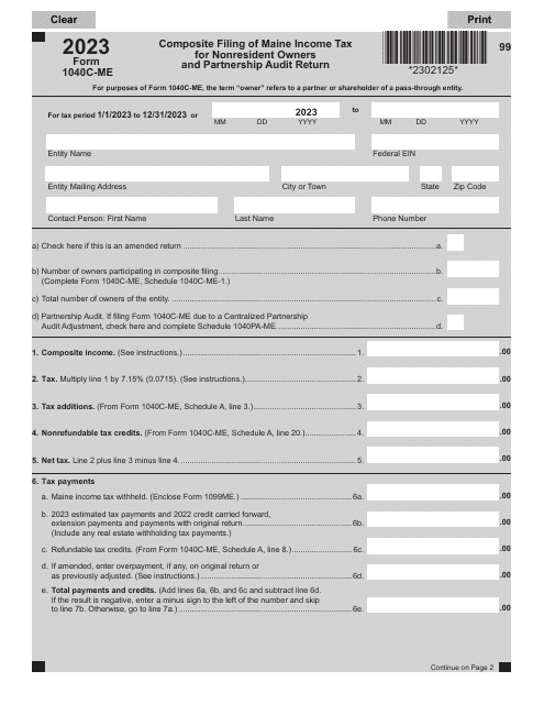 Form 1040C-ME Composite Filing of Maine Income Tax for Nonresident Owners and Partnership Audit Return - Maine, 2023