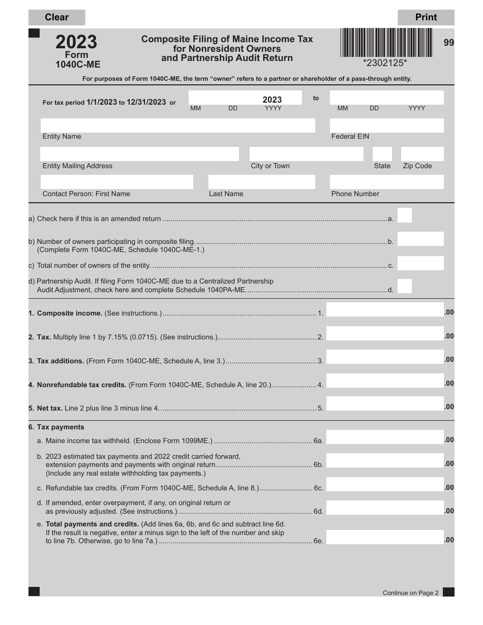 Form 1040C-ME Composite Filing of Maine Income Tax for Nonresident Owners and Partnership Audit Return - Maine, Page 1