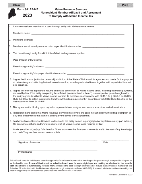 Form 941AF-ME Nonresident Member Affidavit and Agreement to Comply With Maine Income Tax - Maine, 2023