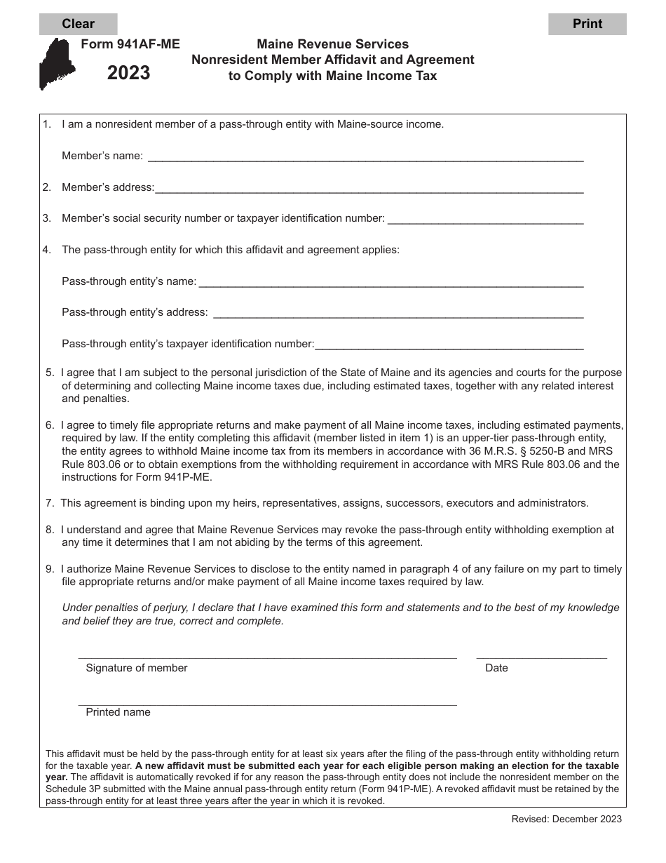 Form 941AF-ME Nonresident Member Affidavit and Agreement to Comply With Maine Income Tax - Maine, Page 1
