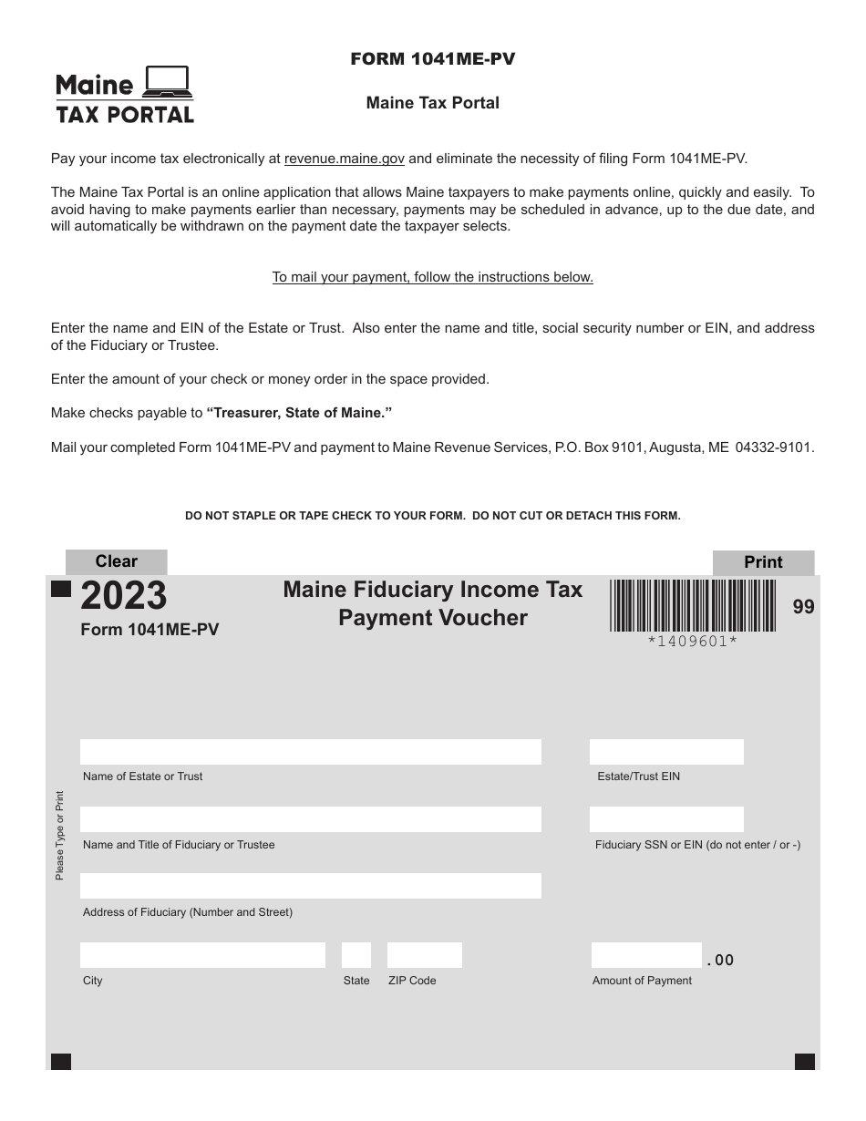 Form 1041ME-PV Maine Fiduciary Income Tax Payment Voucher - Maine, Page 1