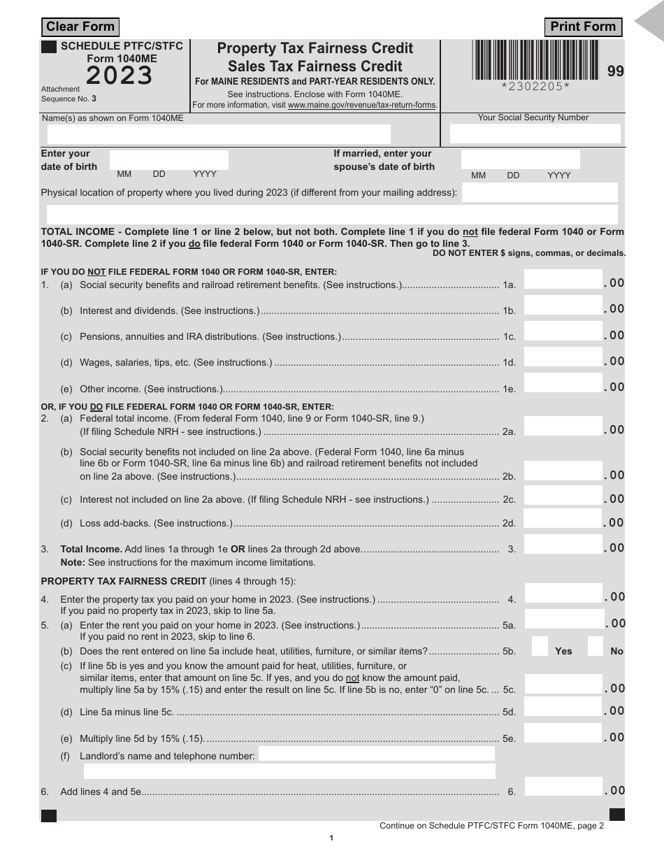 Form 1040ME Schedule PTFC / STFC Property Tax Fairness Credit Sales Tax Fairness Credit for Maine Residents and Part-Year Residents Only - Maine, Page 1