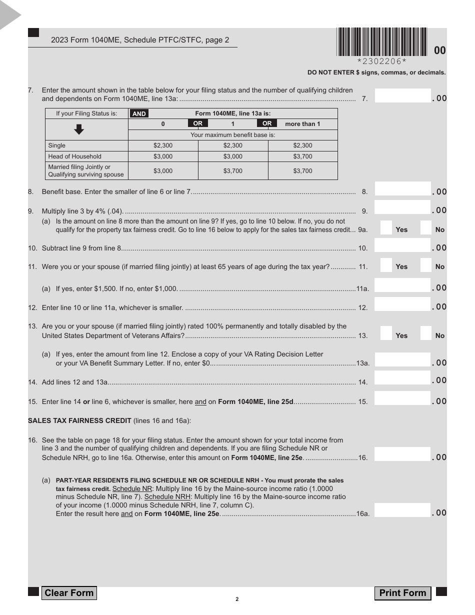 Form 1040ME Schedule PTFC / STFC Property Tax Fairness Credit Sales Tax Fairness Credit for Maine Residents and Part-Year Residents Only - Maine, Page 2