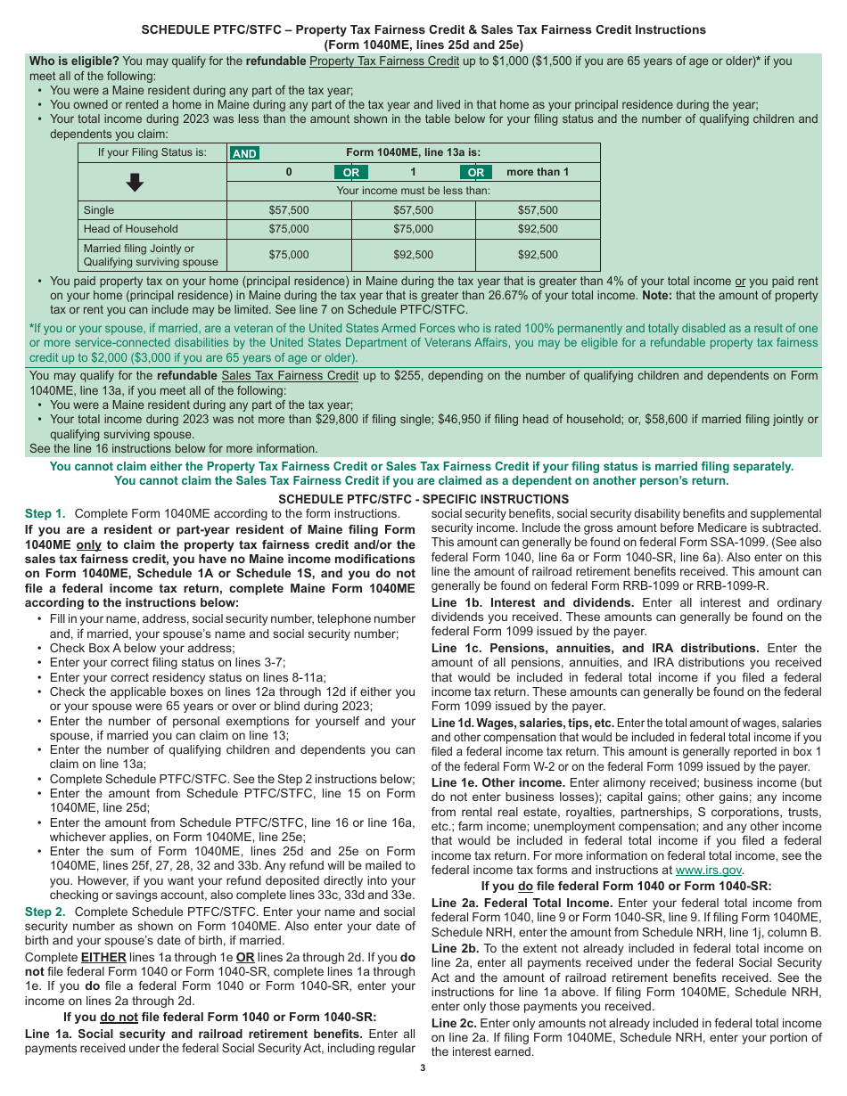 Form 1040ME Schedule PTFC / STFC Property Tax Fairness Credit Sales Tax Fairness Credit for Maine Residents and Part-Year Residents Only - Maine, Page 3