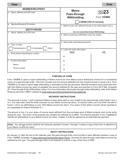 Form 1099ME Maine Pass-Through Withholding - Maine, 2023