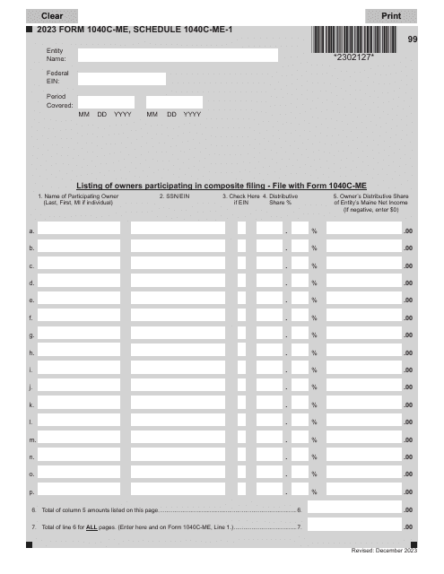 Form 1040C-ME Schedule 1040C-ME-1 2023 Printable Pdf