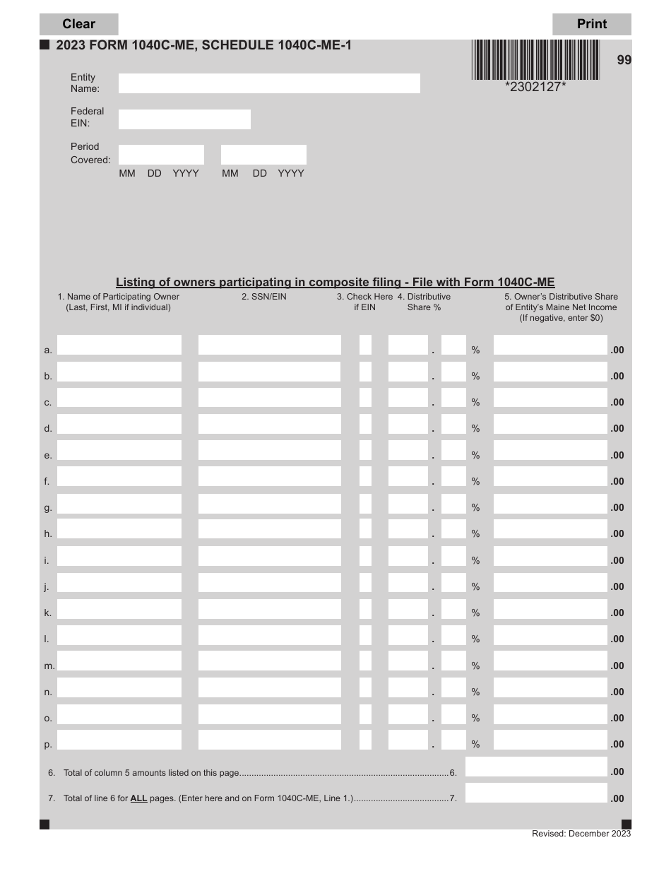 Form 1040C-ME Schedule 1040C-ME-1 Listing of Owners Participating in Composite Filing - Maine, Page 1