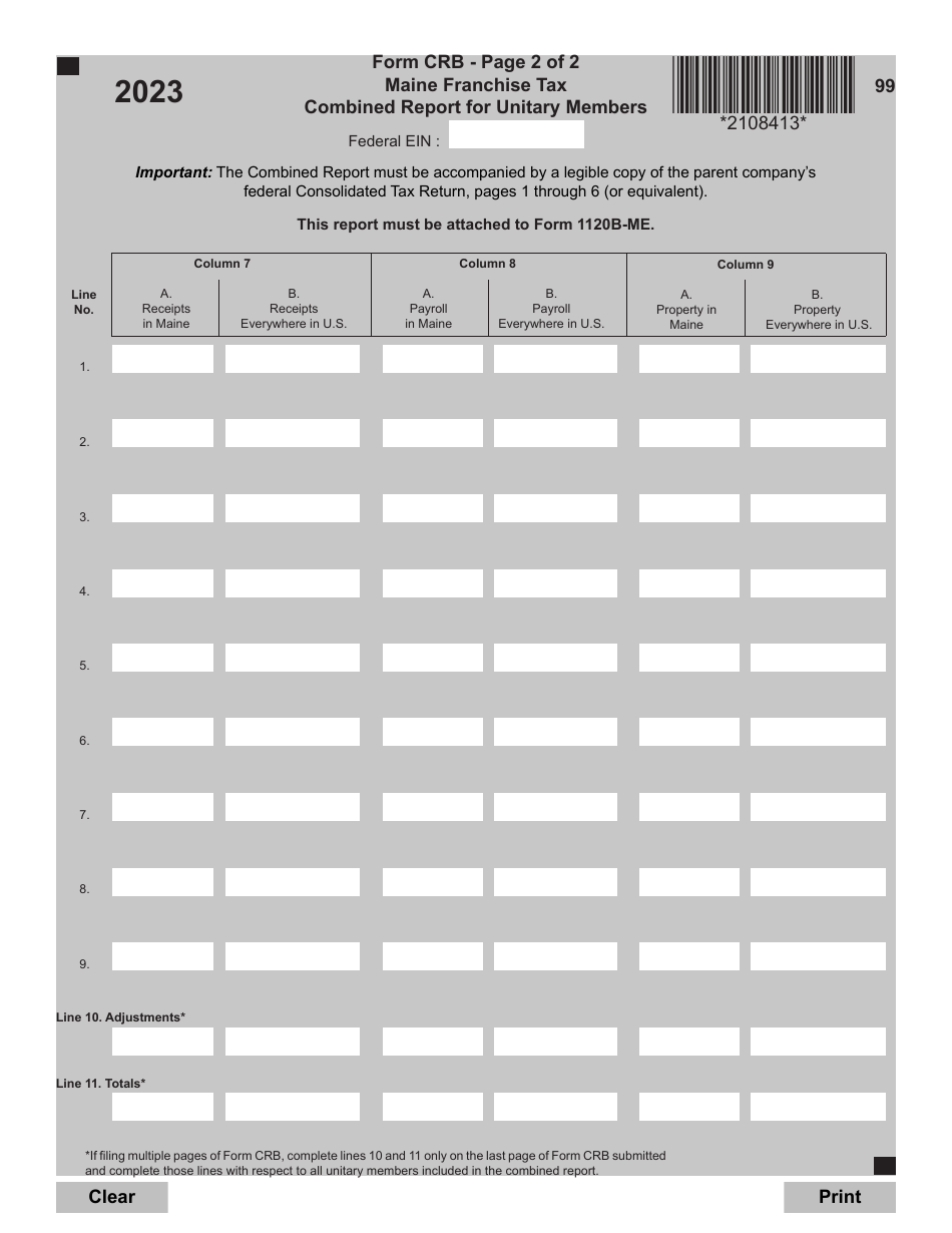 Form CRB Download Fillable PDF or Fill Online Maine Franchise Tax ...