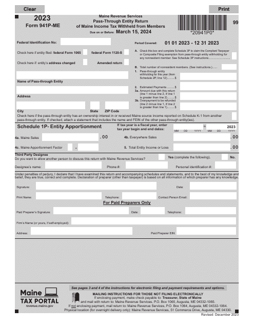 Form 941P-ME 2023 Printable Pdf