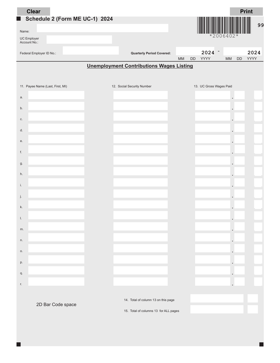 Form ME UC-1 Schedule 2 Unemployment Contributions Wages Listing - Maine, Page 1