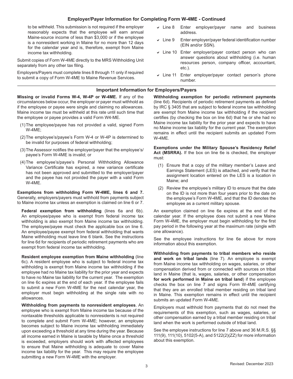 Form W-4ME Employees Withholding Allowance Certificate - Maine, Page 3