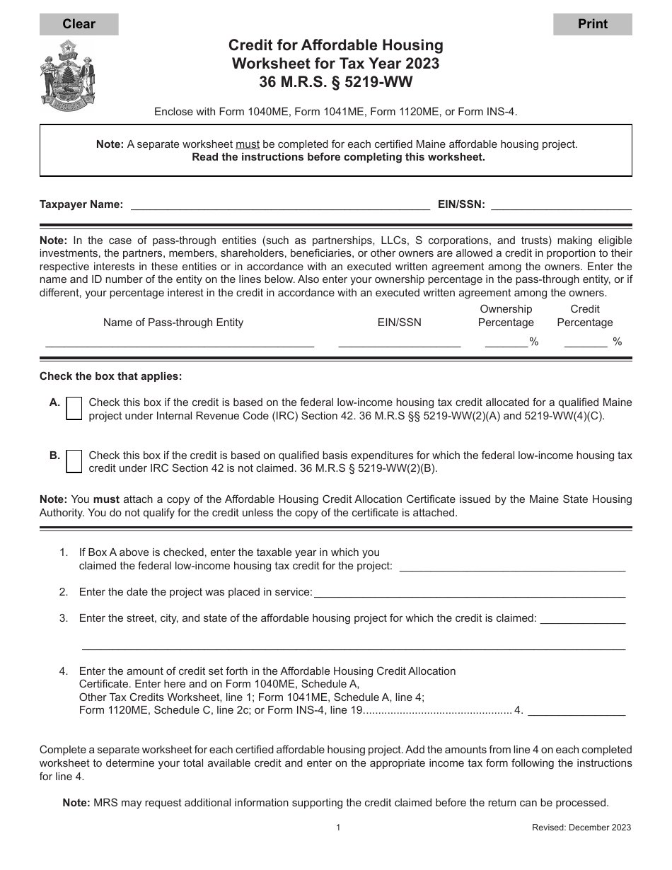 Credit for Affordable Housing Worksheet - Maine, Page 1