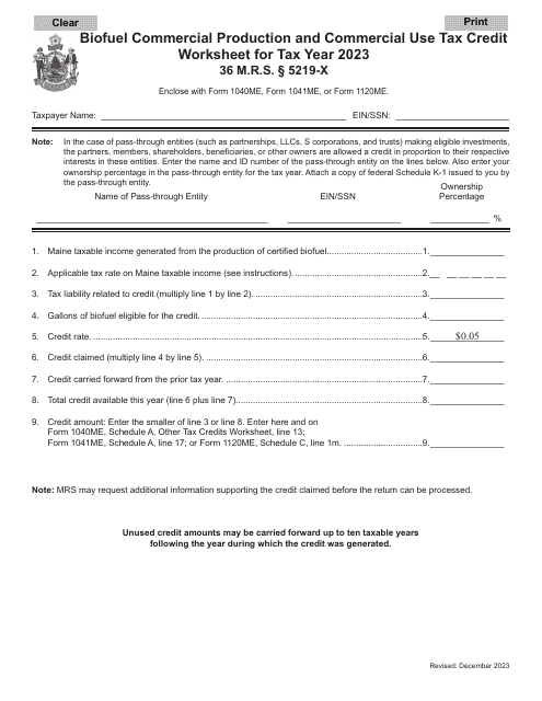 Biofuel Commercial Production and Commercial Use Tax Credit Worksheet - Maine Download Pdf