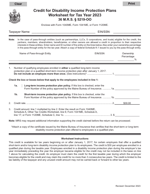 Credit for Disability Income Protection Plans Worksheet - Maine, 2023