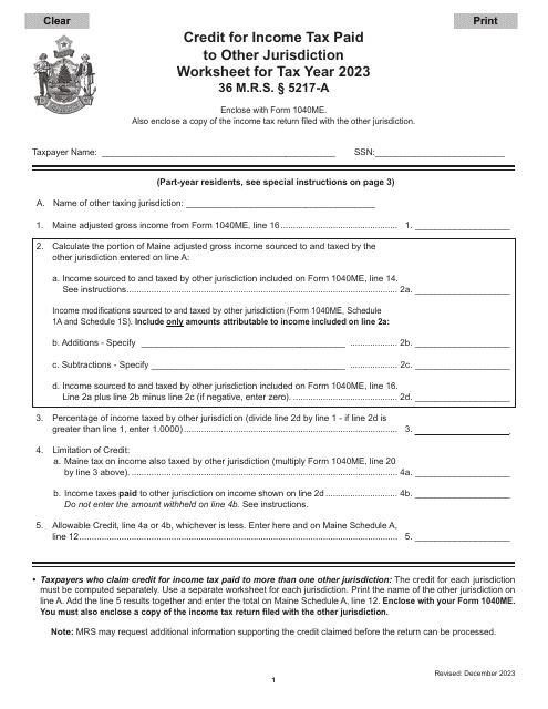 Credit for Income Tax Paid to Other Jurisdiction Worksheet - Maine, 2023