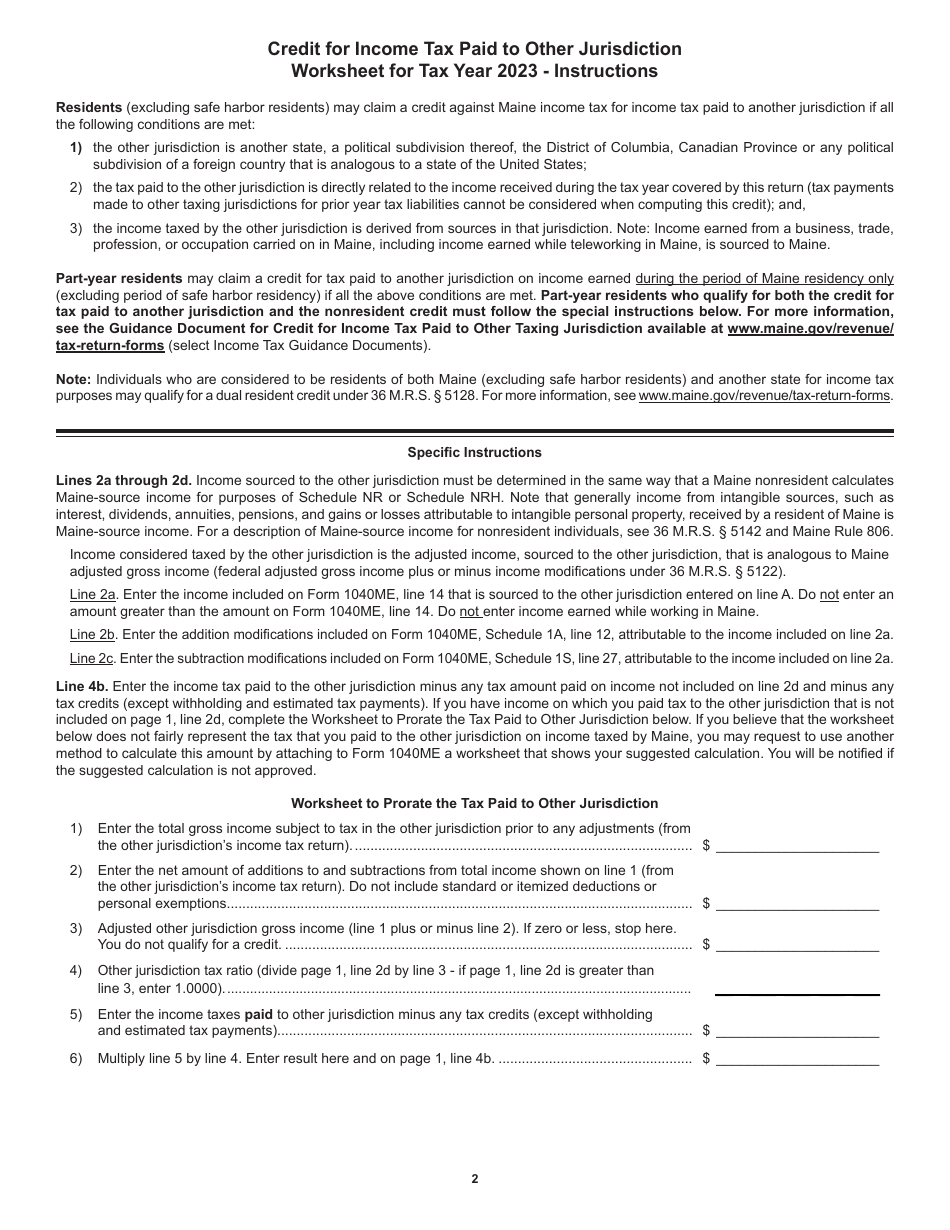Credit for Income Tax Paid to Other Jurisdiction Worksheet - Maine, Page 2