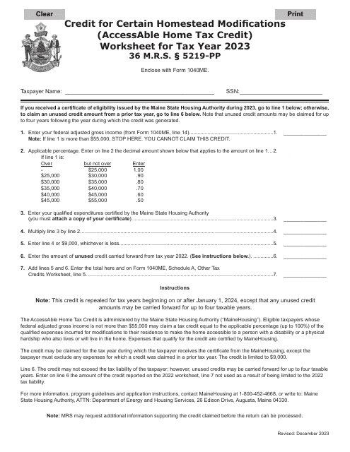 Credit for Certain Homestead Modifications (Accessable Home Tax Credit) Worksheet - Maine Download Pdf