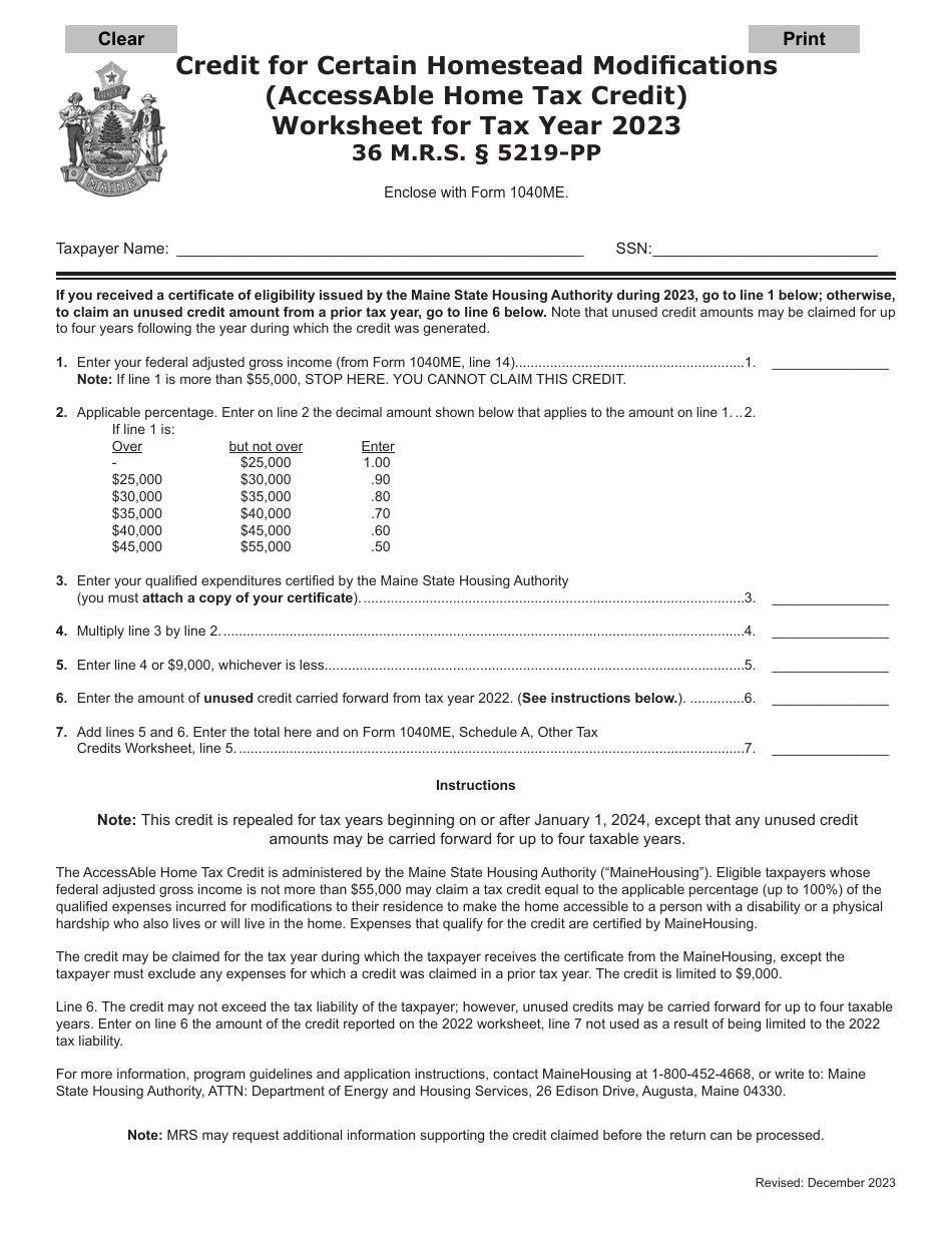 Credit for Certain Homestead Modifications (Accessable Home Tax Credit) Worksheet - Maine, Page 1