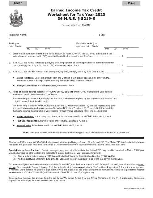 Earned Income Tax Credit Worksheet - Maine, 2023