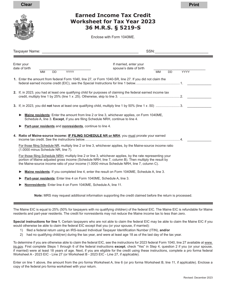 Earned Income Tax Credit Worksheet - Maine, Page 1