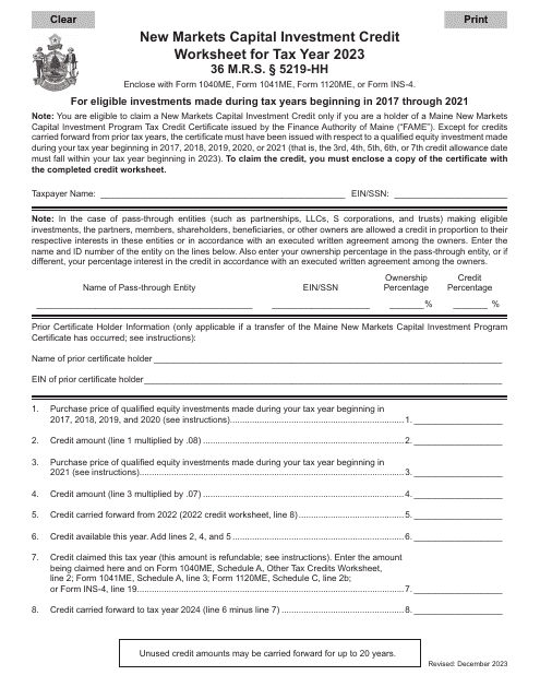 New Markets Capital Investment Credit Worksheet - Maine, 2023