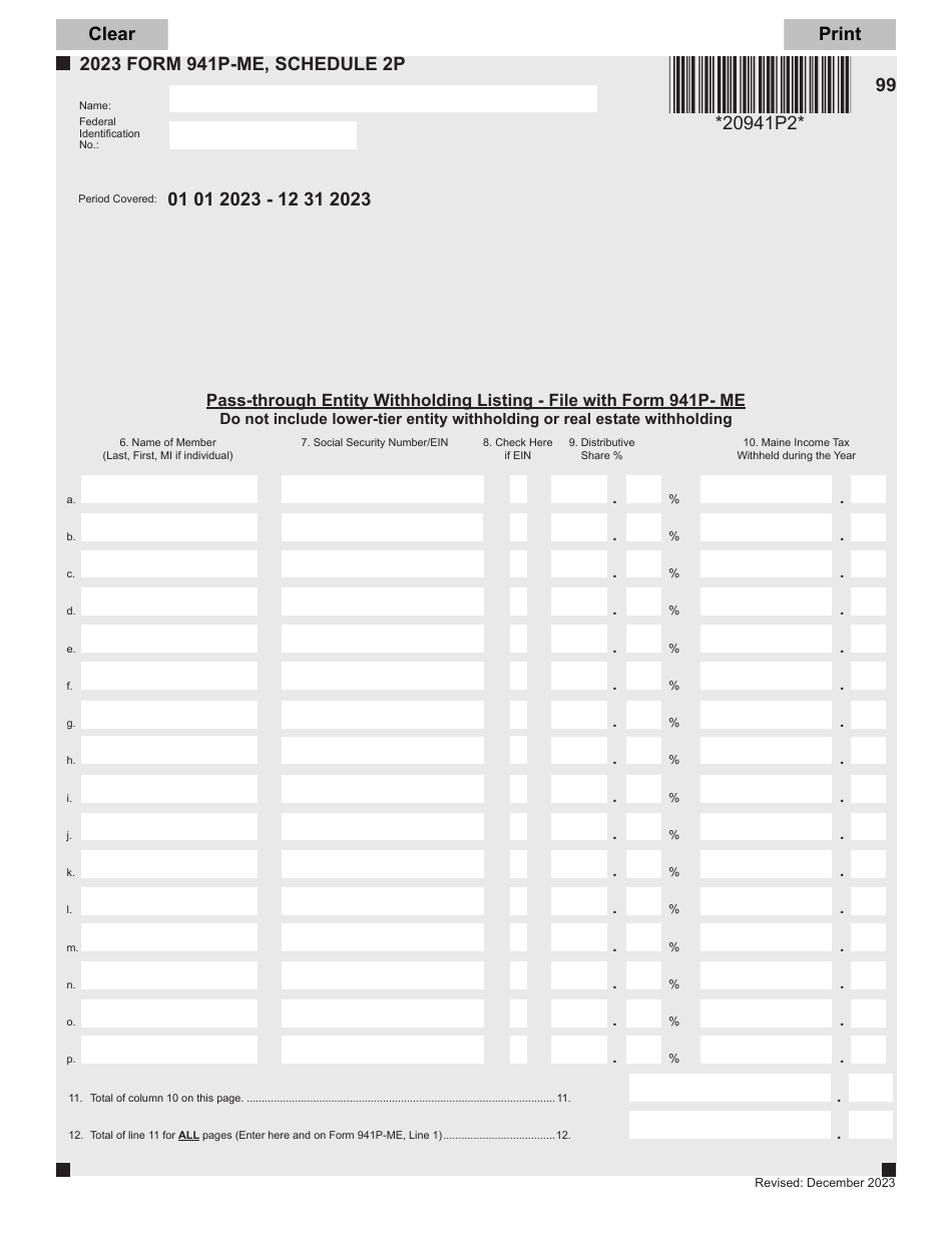 Form 941P-ME Schedule 2P Pass-Through Entity Withholding Listing - Maine, Page 1