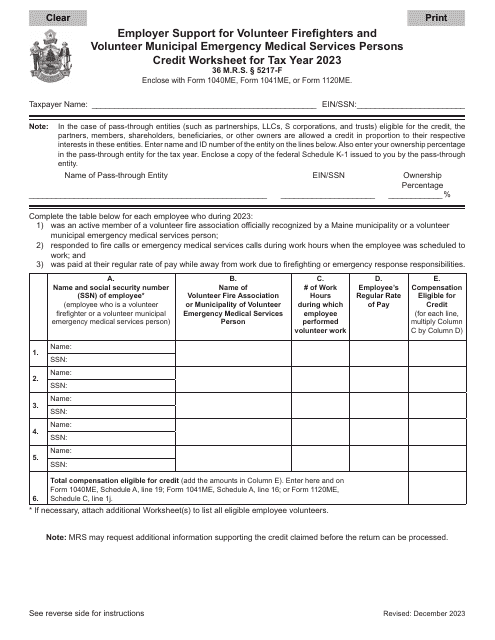Employer Support for Volunteer Firefighters and Volunteer Municipal Emergency Medical Services Persons Credit Worksheet - Maine, 2023