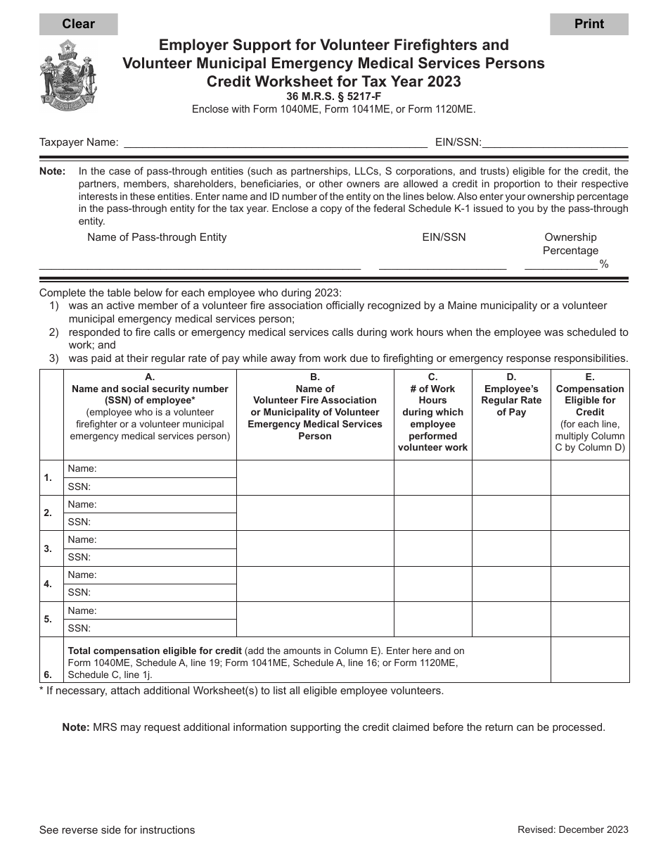 Employer Support for Volunteer Firefighters and Volunteer Municipal Emergency Medical Services Persons Credit Worksheet - Maine, Page 1