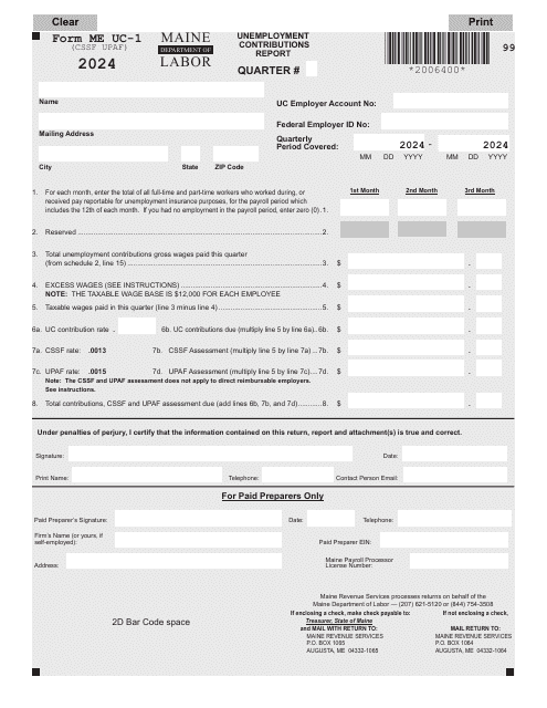Form ME UC-1 Unemployment Contributions Report - Maine, 2024
