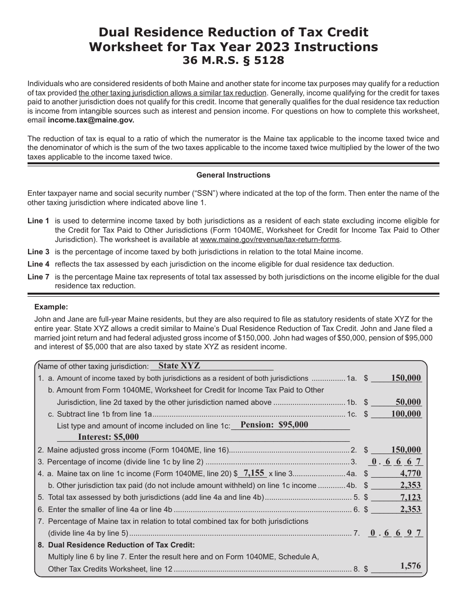 Dual Residence Reduction of Tax Credit Worksheet - Maine, Page 2