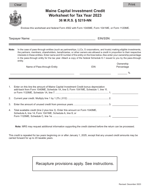 Maine Capital Investment Credit Worksheet - Maine, 2023