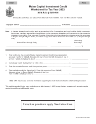Maine Capital Investment Credit Worksheet - Maine
