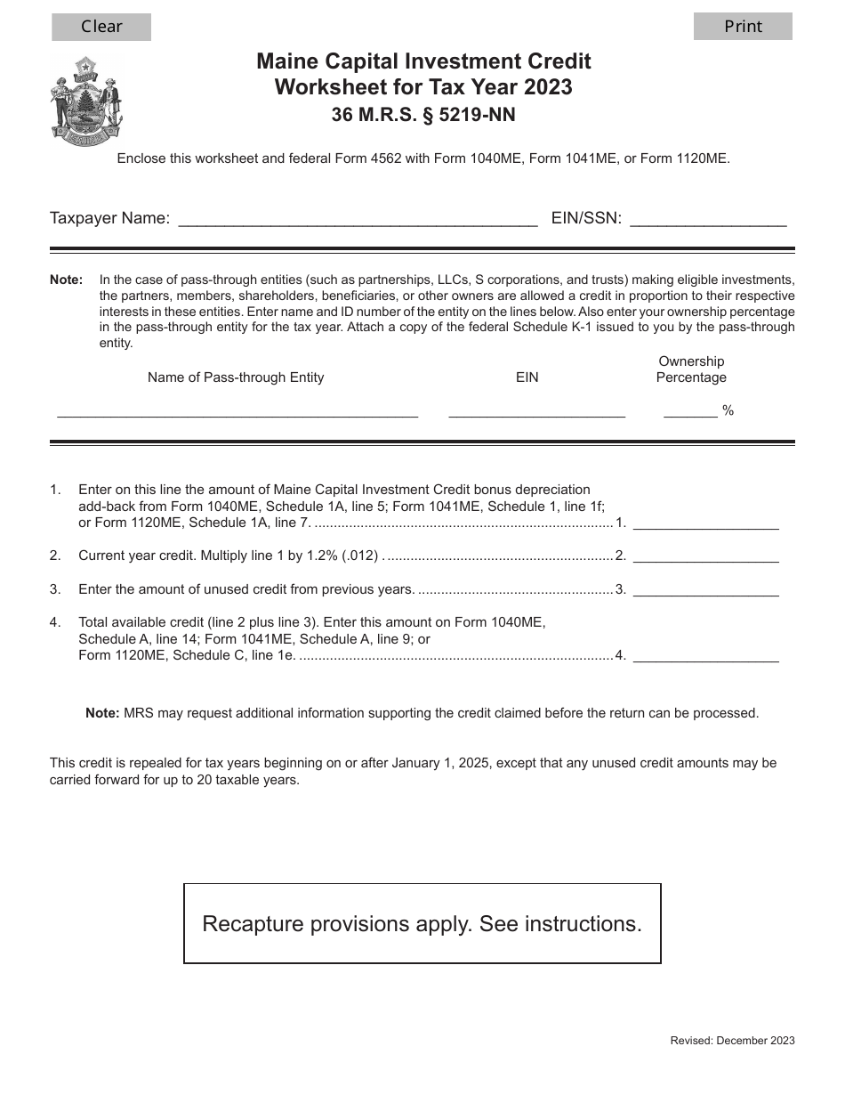 Maine Capital Investment Credit Worksheet - Maine, Page 1