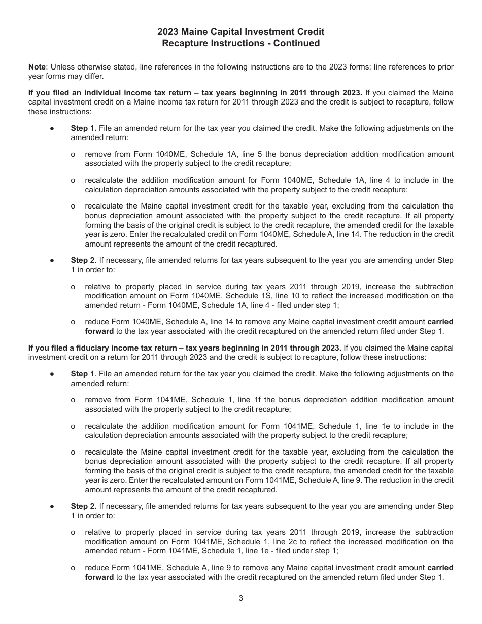Maine Capital Investment Credit Worksheet - Maine, Page 3